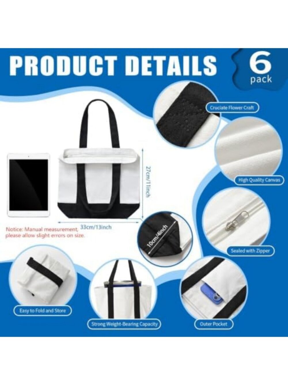 Stylish Mini Canvas Tote Bag with Pockets & Zipper - Perfect Small Everyday Bag - Picture 3 of 7